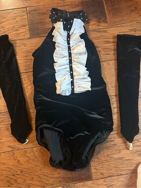 Black Velvet Kids Dance Leotard with White Ruffle Placket